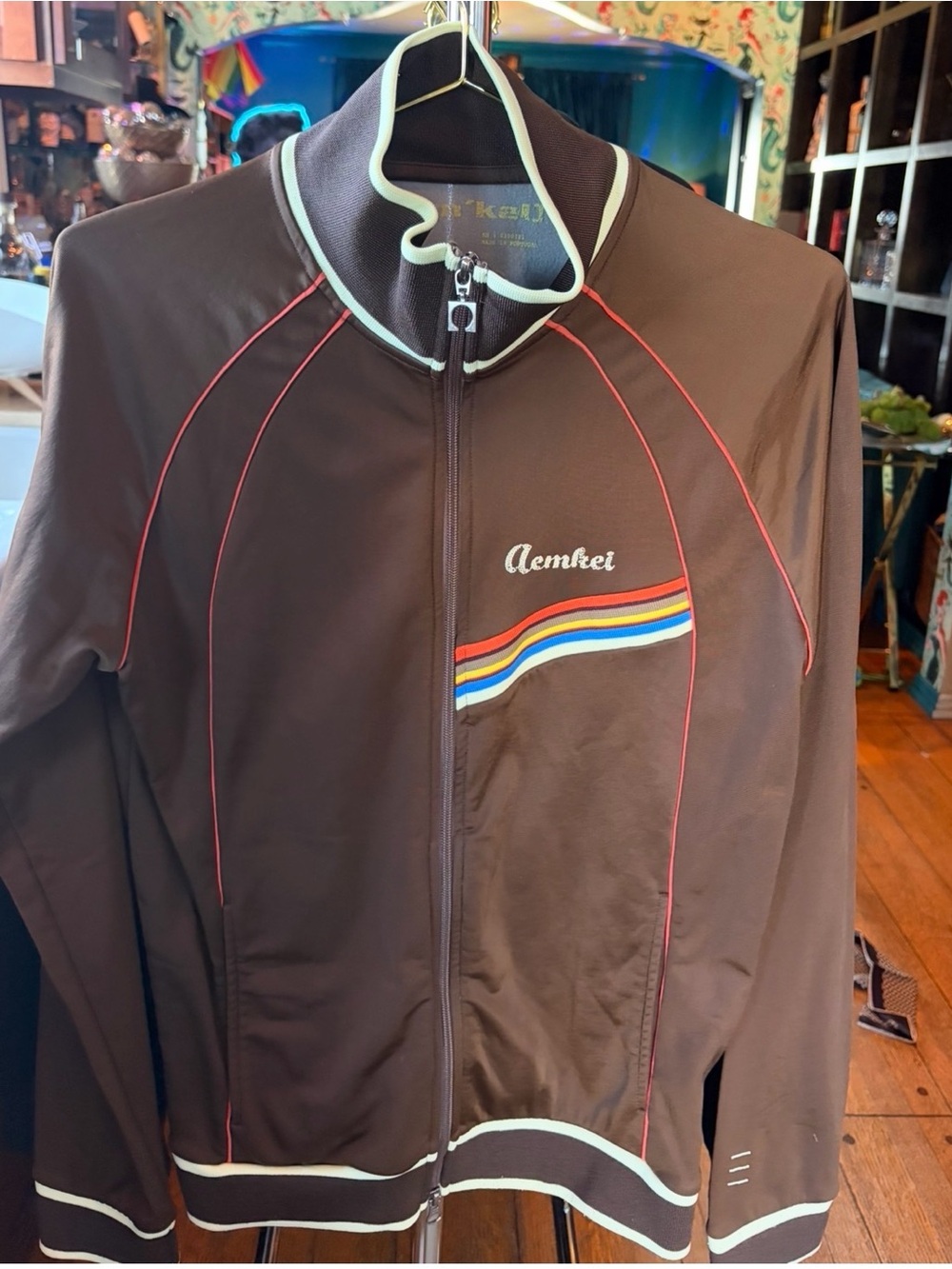Men's Brown Zip-Up Track Jacket with Multicolor Stripe